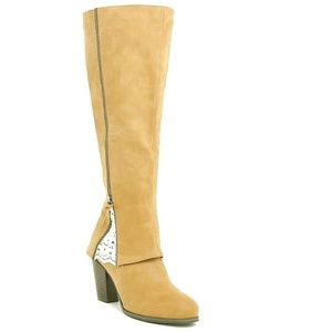 TAN PEEKABOO CROCHET KNEE BOOT (WIDE CALF!)